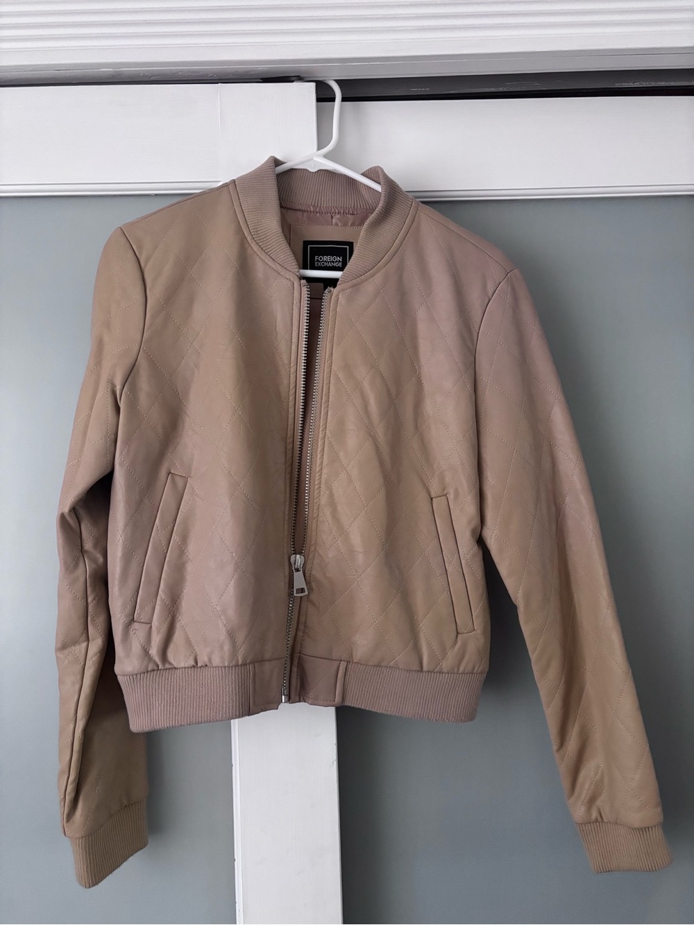 Foreign Exchange Quilted Bomber Jacket in Taupe Beige